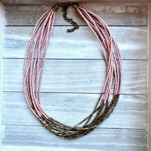 Blush Pink Multi-Strand Beaded Necklace Gold Tone Layered Statement